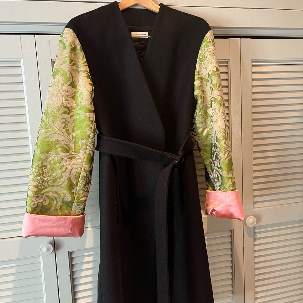 Dries Van Noten Black Coat with Green and Pink Sleeves